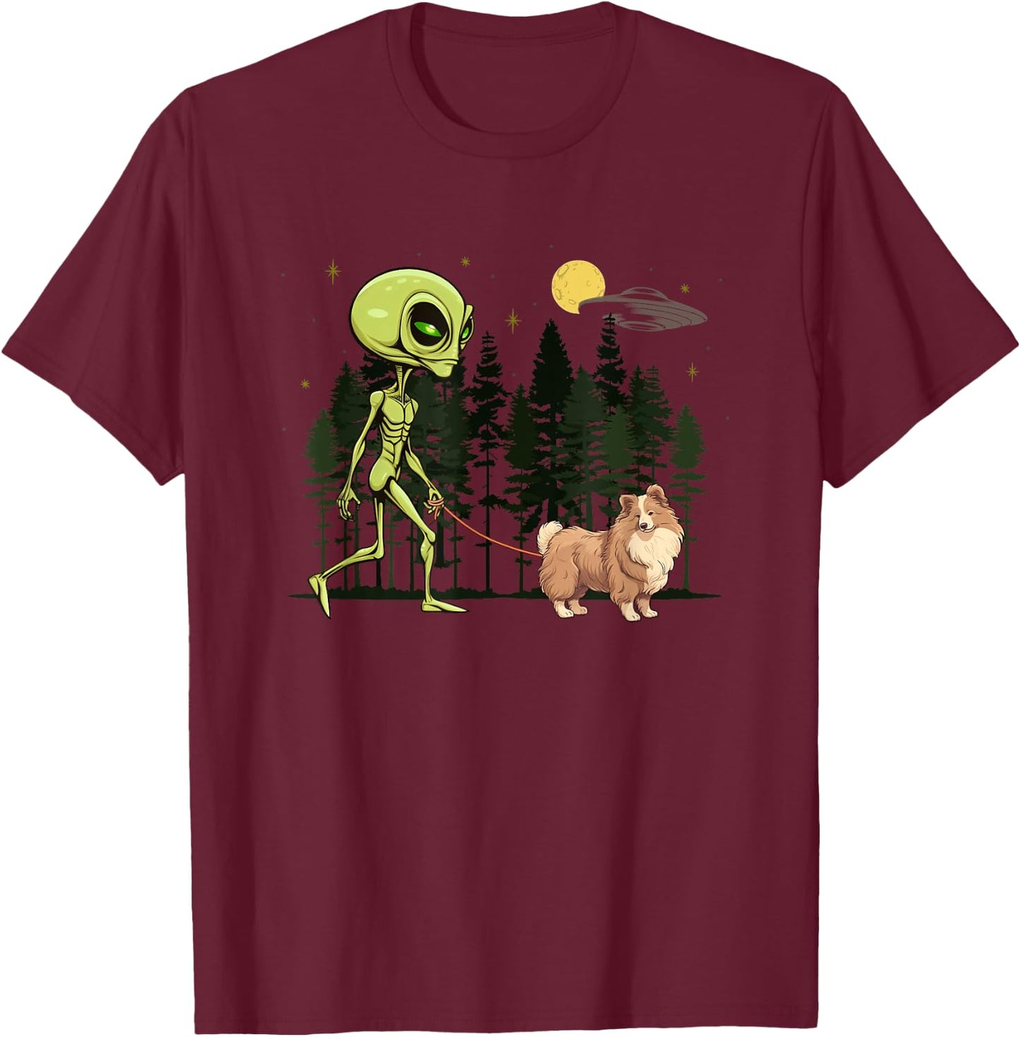 Funny Shetland Sheepdog Sheltie Alien Walking UFO Pet Dog Women Kids T-Shirt - T-Shirt | Maroon
