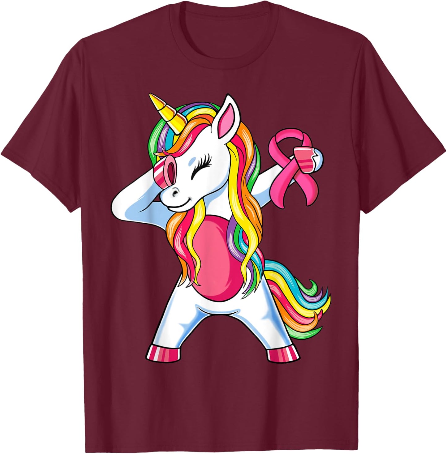 Pink Ribbon Unicorn Breast Cancer Awareness for Girls Kids T-Shirt - T-Shirt | Maroon
