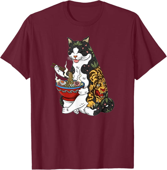 Cat eating noodle 90s retro T-Shirt - T-Shirt | Maroon