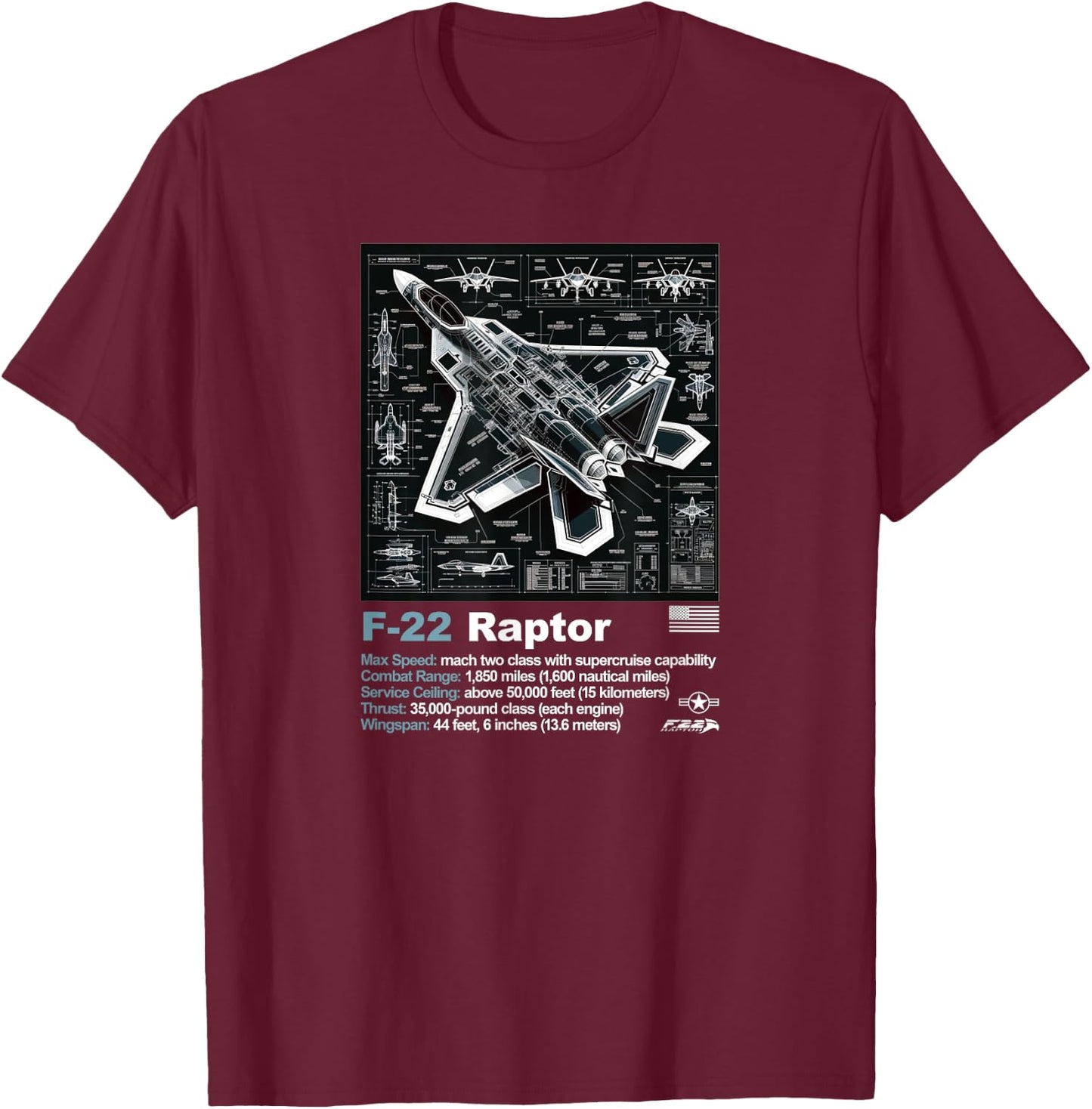 F22 Raptor Fighter Jet Blueprint Technical Drawing & Specs T-Shirt - T-Shirt | Maroon