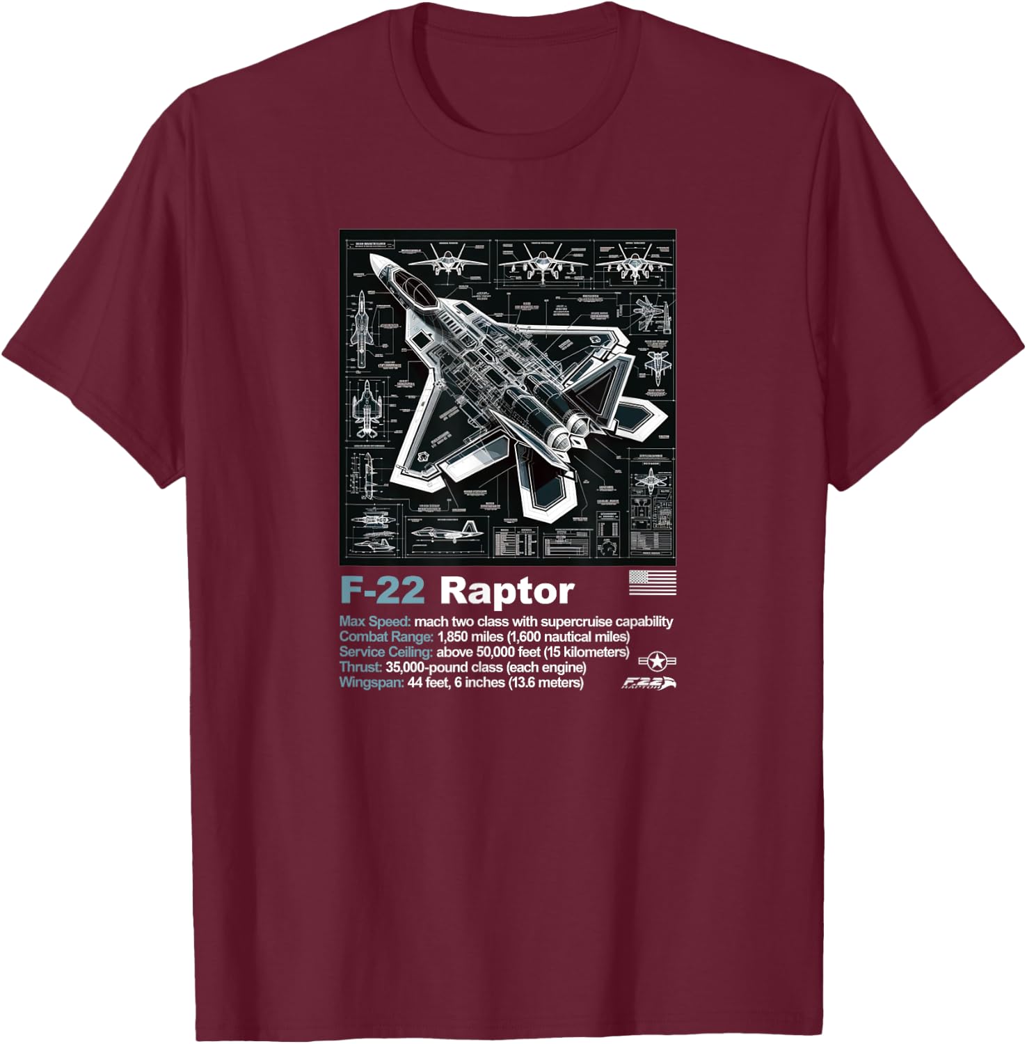 F22 Raptor Fighter Jet Blueprint Technical Drawing & Specs T-Shirt - T-Shirt | Maroon