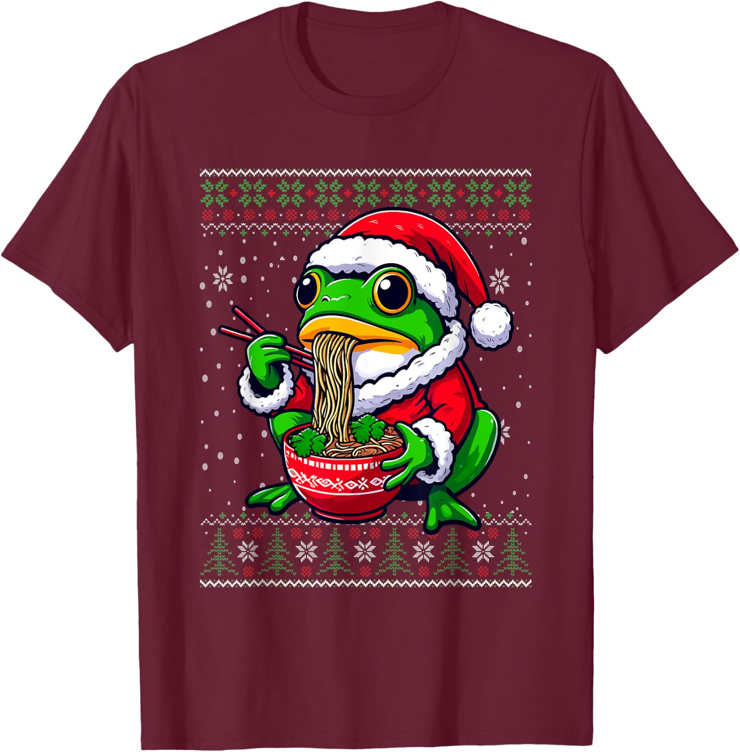 Christmas Frog Eating Ramen Ugly Christmas Sweater T-Shirt - T-Shirt | Maroon