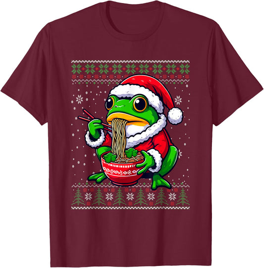 Christmas Frog Eating Ramen Ugly Christmas Sweater T-Shirt - T-Shirt | Maroon