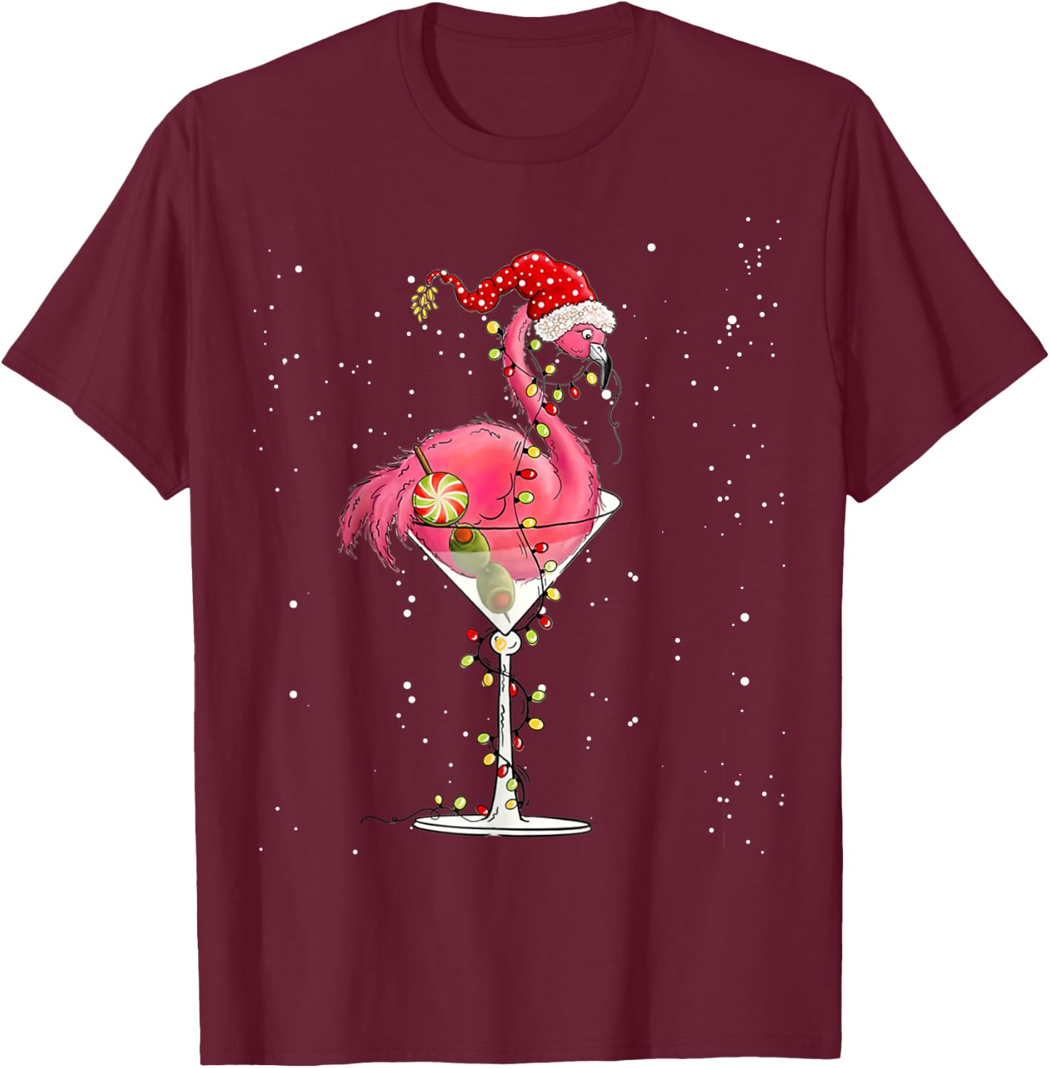 Merry Christmas Pink Flamingo Wine Drinking Lights Xmas Tree T-Shirt - T-Shirt | Maroon