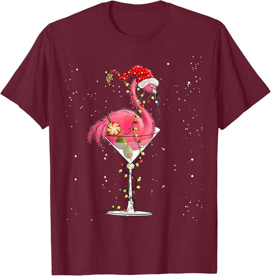 Merry Christmas Pink Flamingo Wine Drinking Lights Xmas Tree T-Shirt - T-Shirt | Maroon