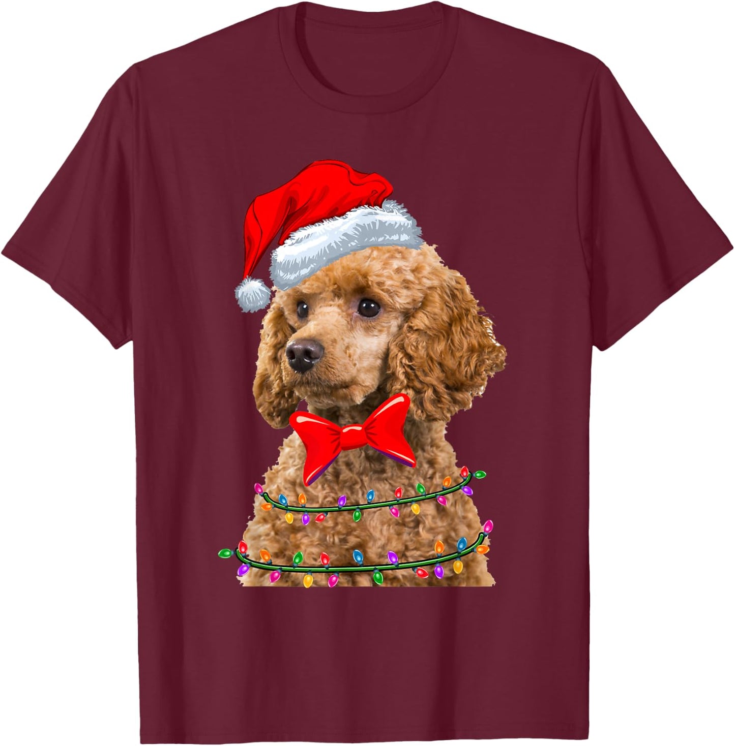 Christmas Lights Poodle Wearing Xmas Hat - Cute Dog Lover T-Shirt - T-Shirt | Maroon