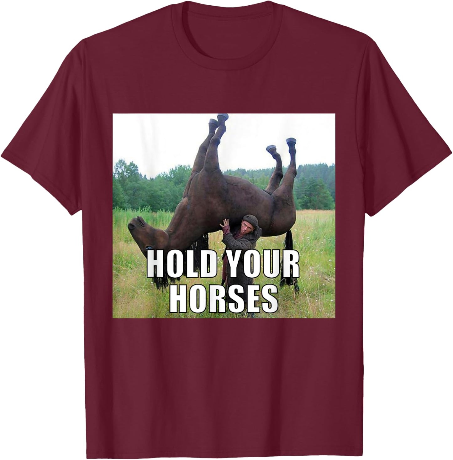 Hold Your Horses Funny Meme T-Shirt - T-Shirt | Maroon