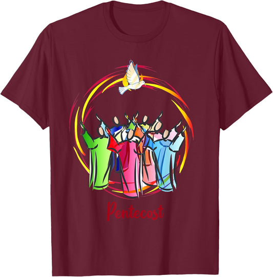 Pentecost Doves Tongues Fire Flame Holy Spirit Catholic T-Shirt - T-Shirt | Maroon