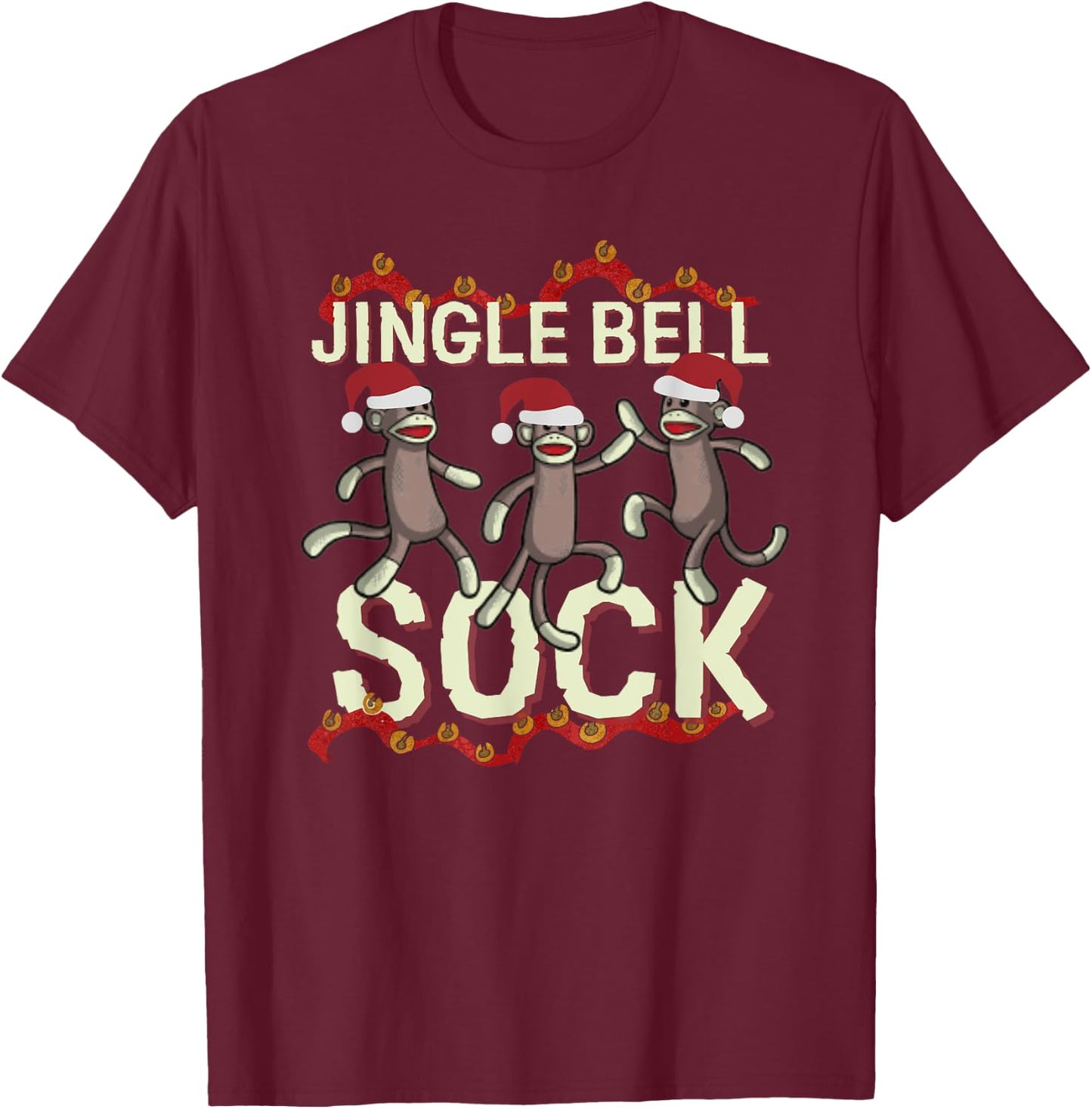 Jingle Bell Sock Funny Sock Monkey Christmas T-Shirt - T-Shirt | Maroon