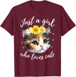 Just A Girl Who Loves Cats - Cute Calico Cat Lover T-Shirt - T-Shirt | Maroon
