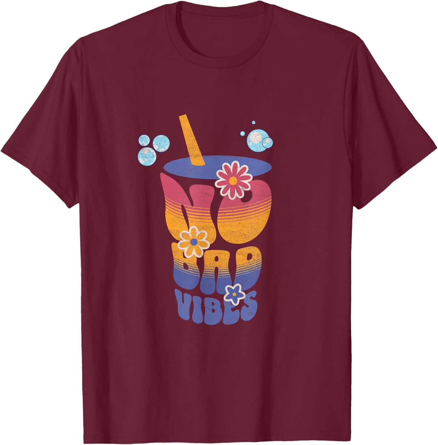 No Bad Vibes Summer Retro Sunset Think Positive Wellbeing Women T-Shirt - T-Shirt | Maroon