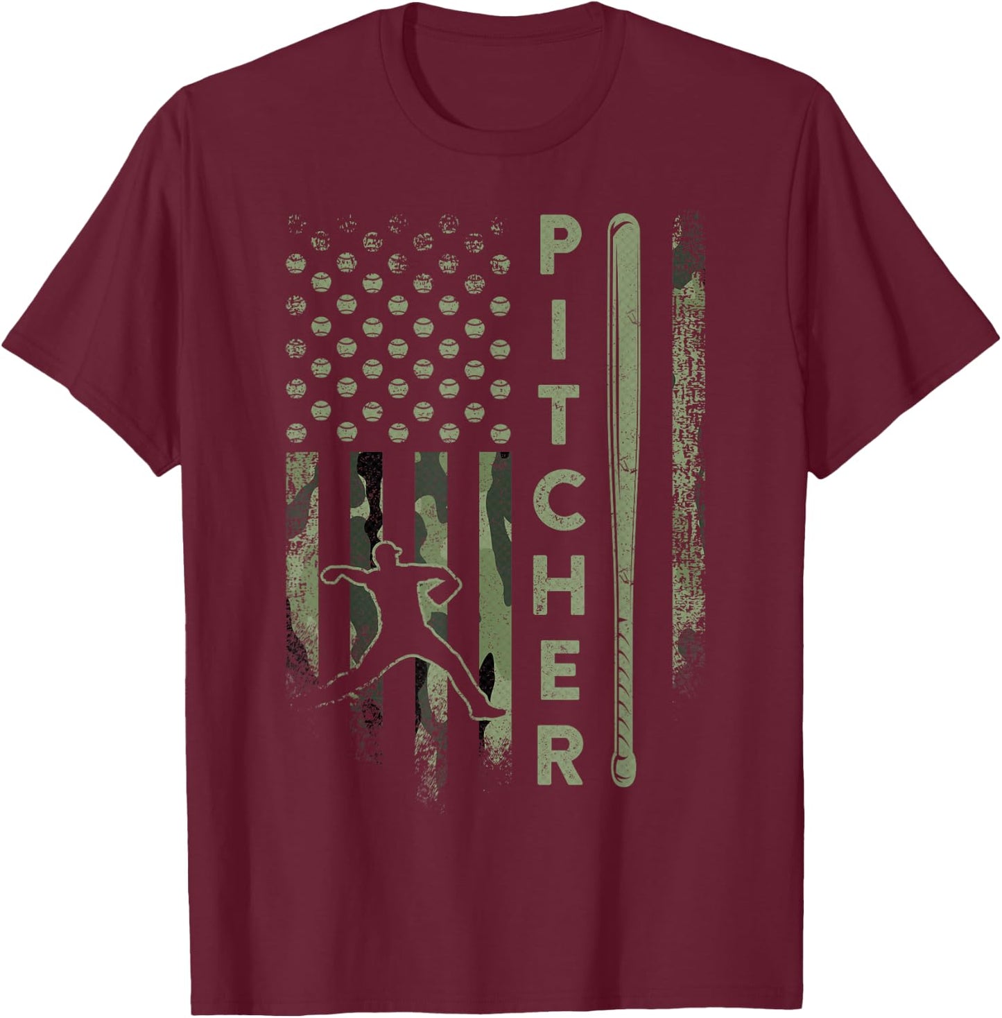 Vintage USA Camouflage Baseball Pitcher - Baseball Player T-Shirt - T-Shirt | Maroon
