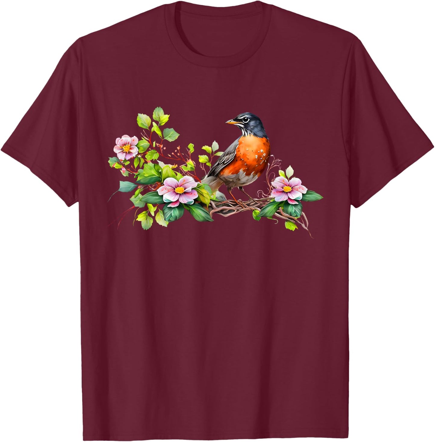 American Robin Backyard Birds Dogwood Flowers For Birders T-Shirt - T-Shirt | Maroon