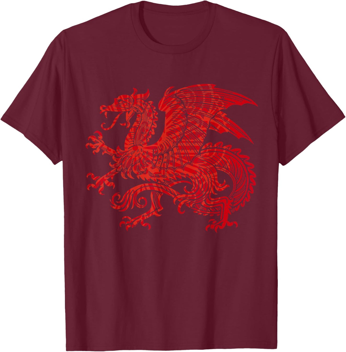 Red Fierce Dragon with Spiked Wings and Mandala Dragon Skin T-Shirt - T-Shirt | Maroon