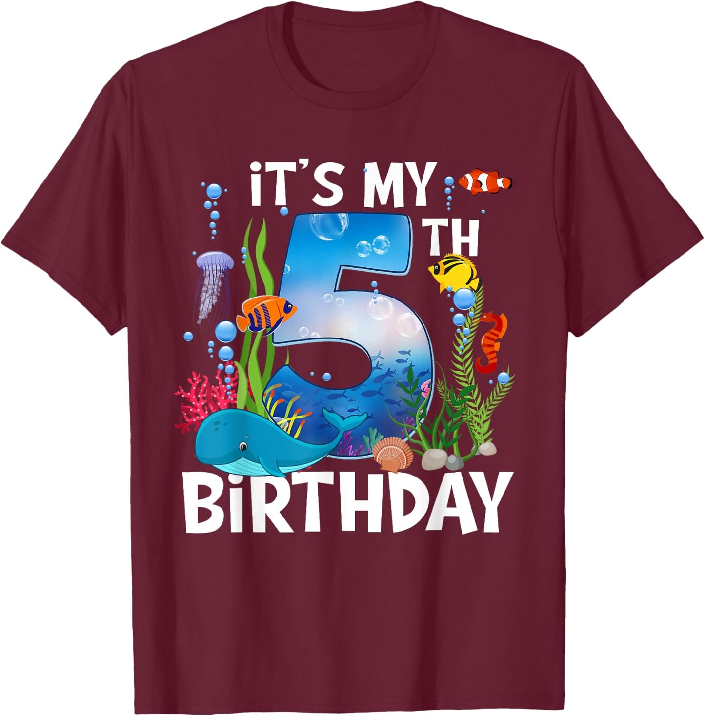Kids 5 Year Old Ocean Life Whale Dolphin Shark 5th Birthday T-Shirt - T-Shirt | Maroon