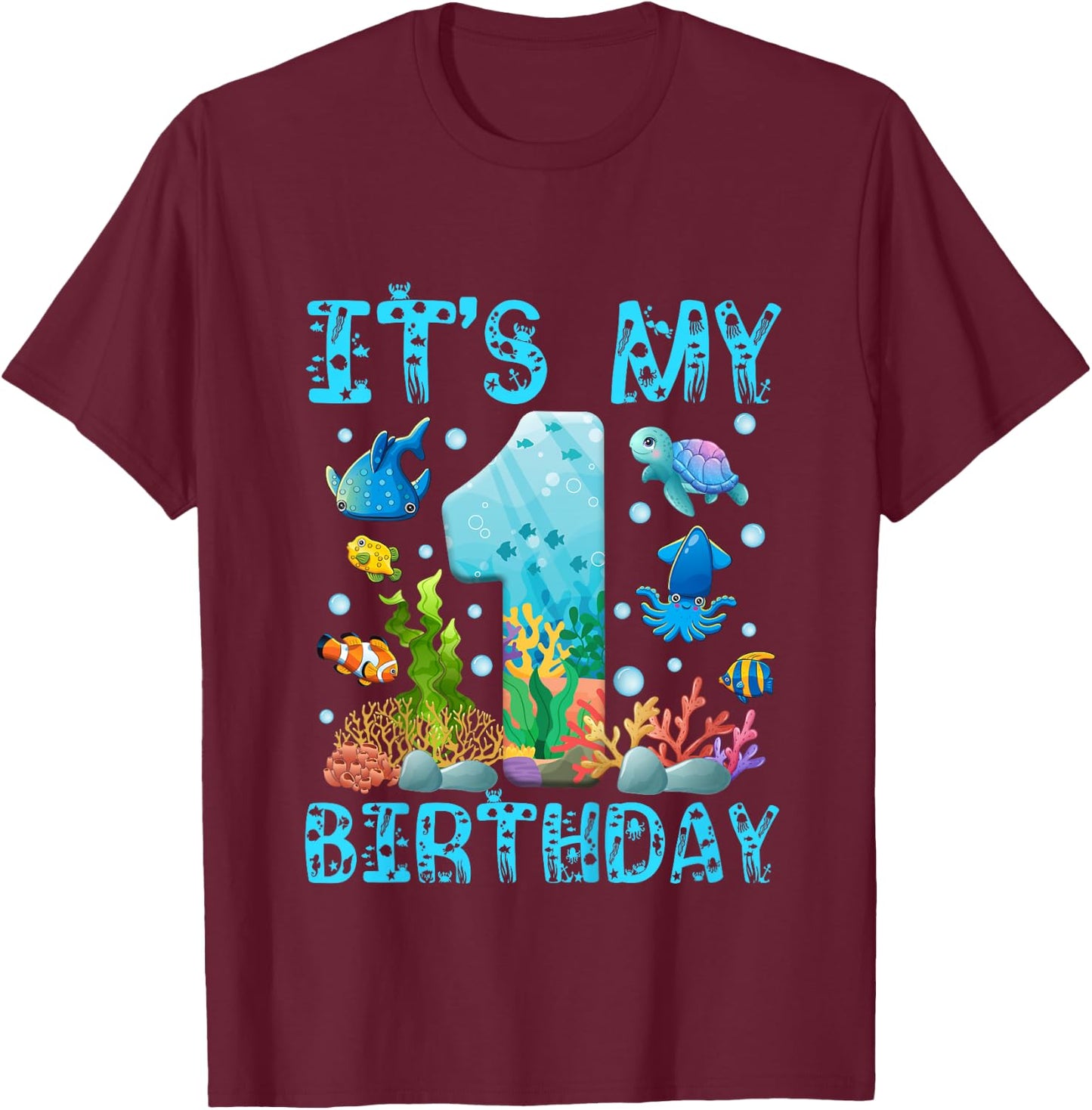 Kids It's My 1st Birthday Boy Outfit Sea Fish Ocean Animals T-Shirt - T-Shirt | Maroon