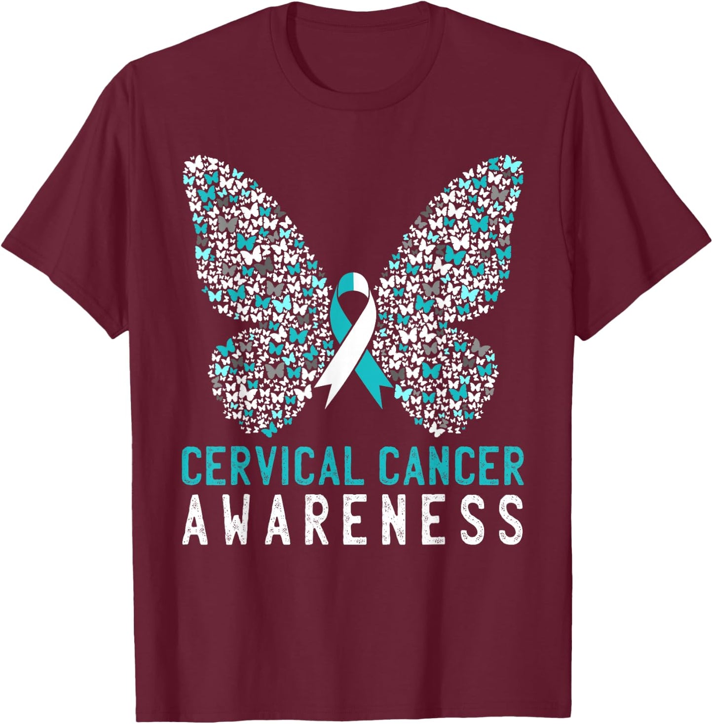 Butterfly Cervical Cancer Awareness Month White Teal Ribbon T-Shirt - T-Shirt | Maroon