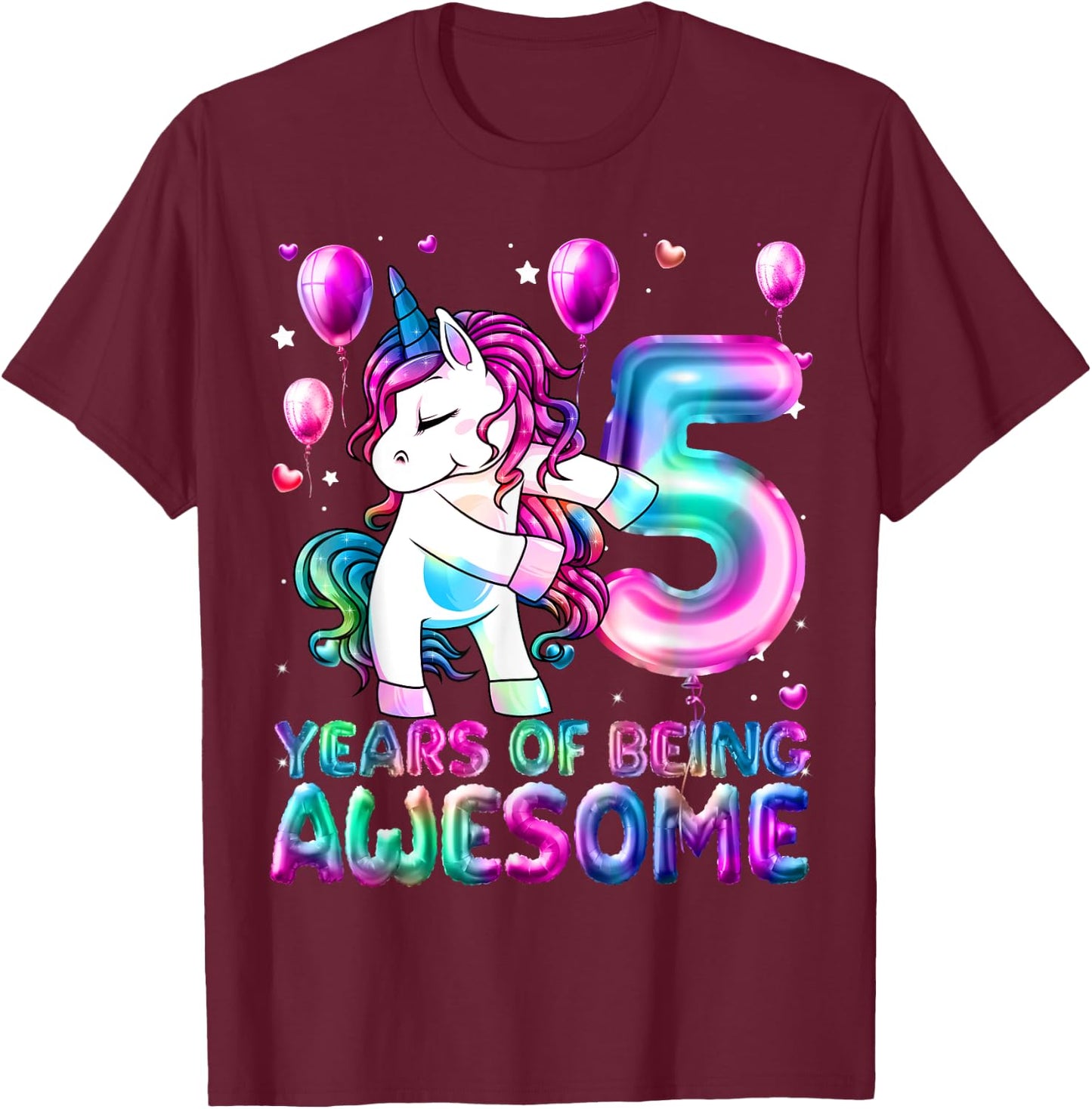 5 Years Of Being Awesome 5th Birthday Girl Unicorn Party T-Shirt - T-Shirt | Maroon