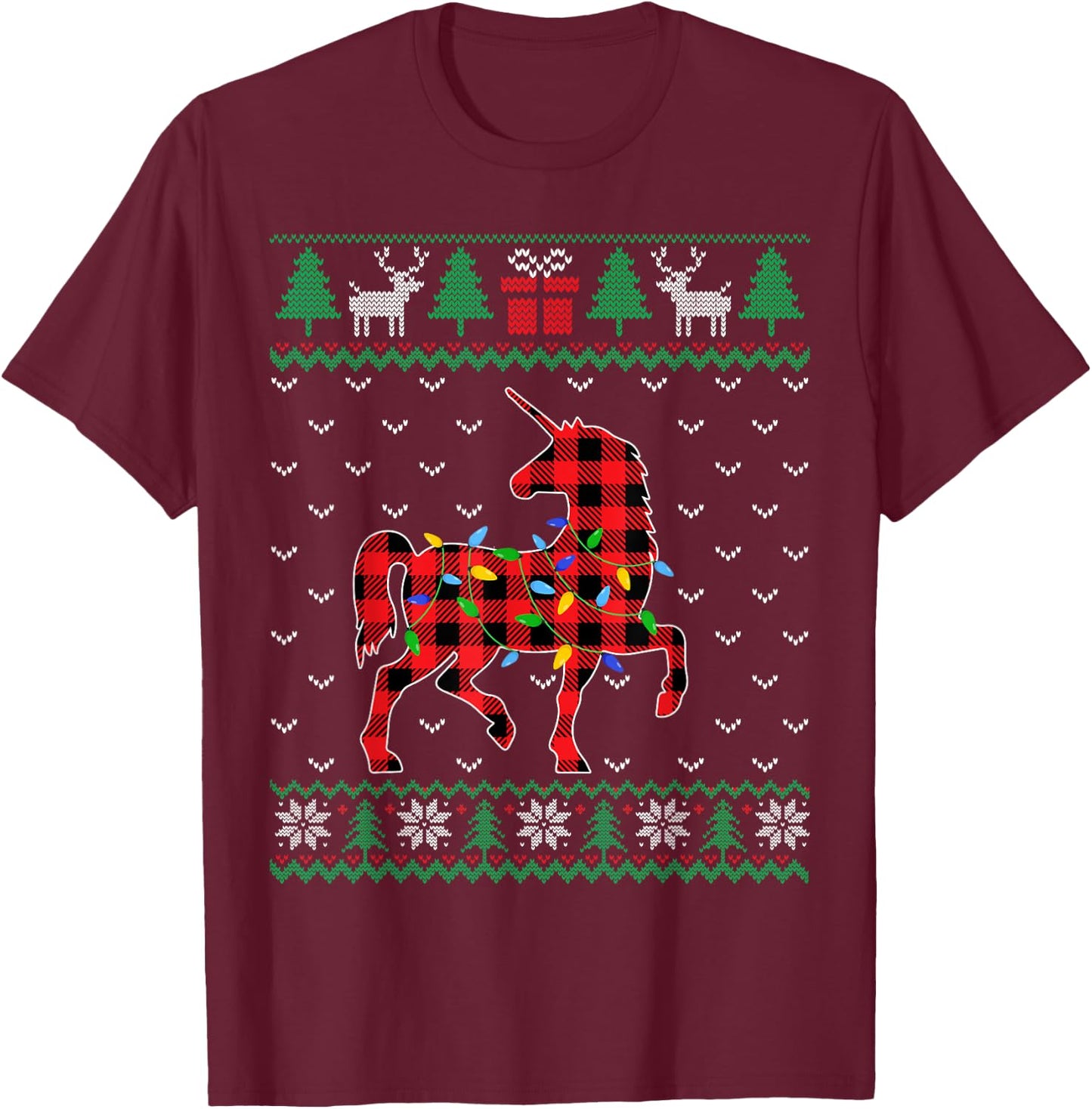 Unicorn Christmas Tree Lights Decoration Xmas Sweater Ugly T-Shirt - T-Shirt | Maroon