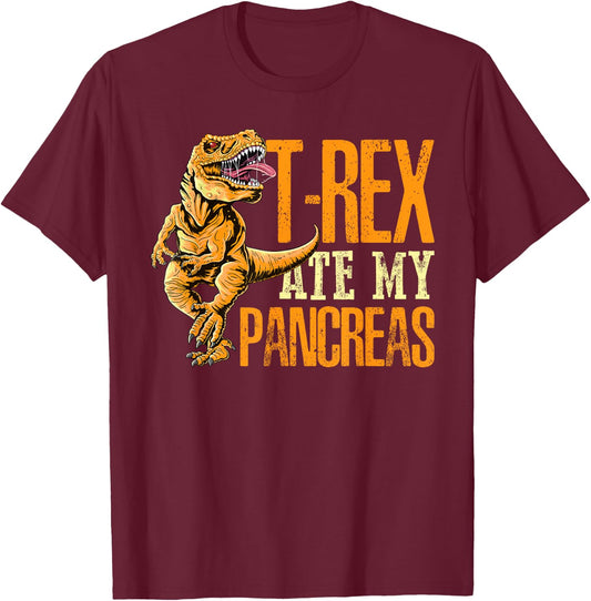 T Rex Ate My Pancreas Type 1 Diabetes Awareness Day Dinosaur T-Shirt - T-Shirt | Maroon
