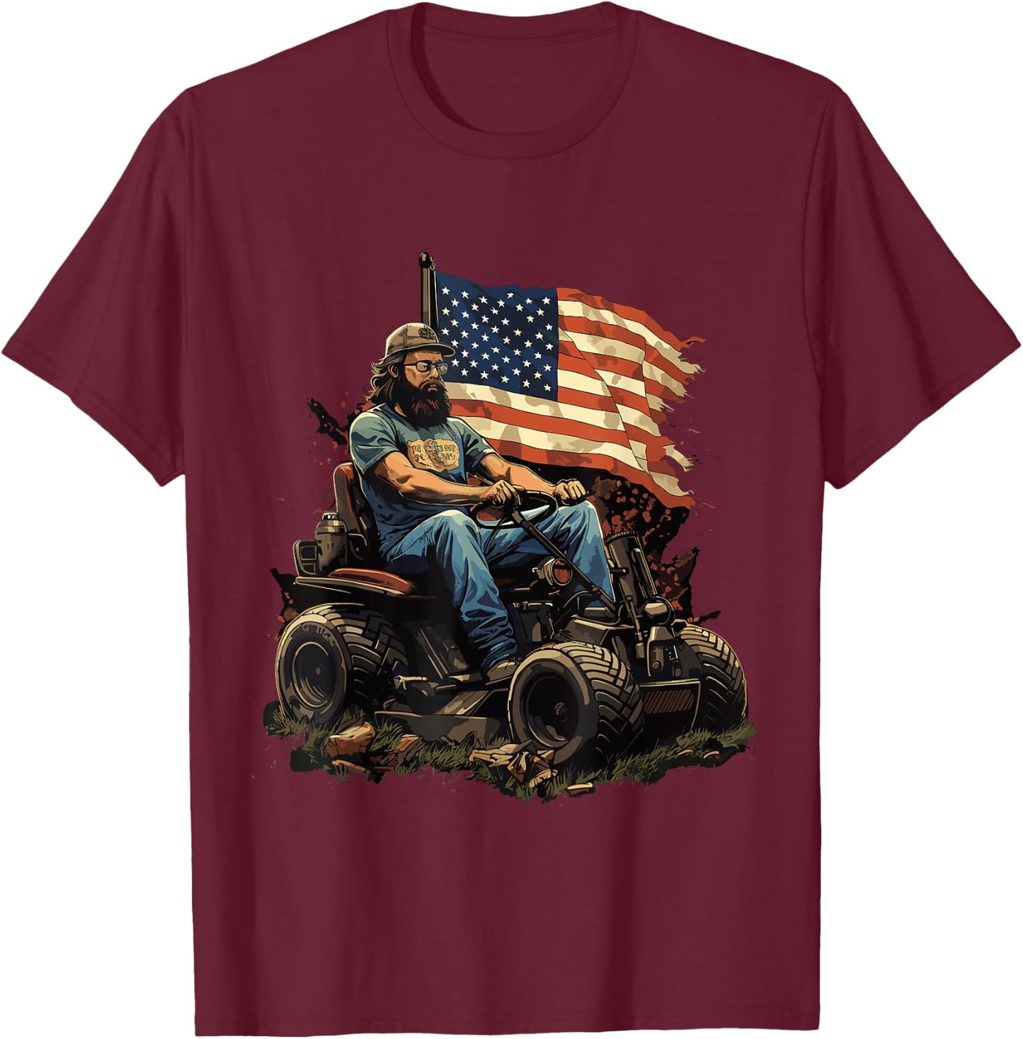 Funny racing lawnmower US Flag & lawn mower racing T-Shirt - T-Shirt | Maroon