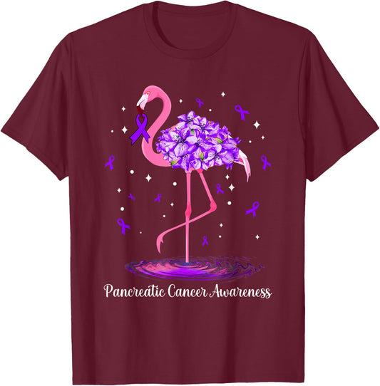 Flamingo Purple Ribbon For Pancreatic Cancer Awareness T-Shirt - T-Shirt | Maroon