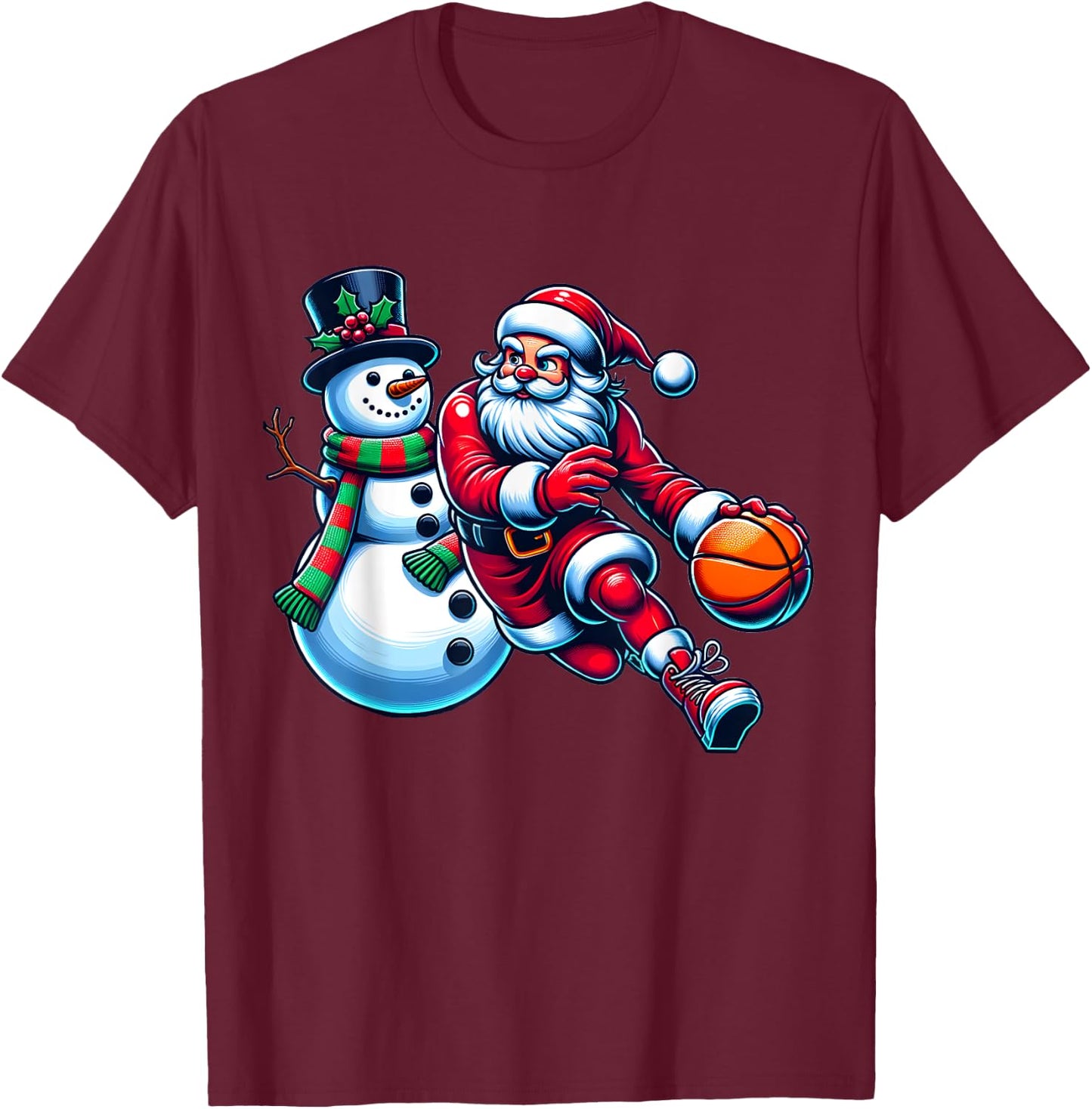Santa Playing Basketball With A Snowman Christmas T-Shirt - T-Shirt | Maroon