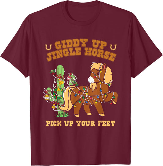 Western Cowboy Christmas Giddy Up Jingle Horse Merry Xmas T-Shirt - T-Shirt | Maroon