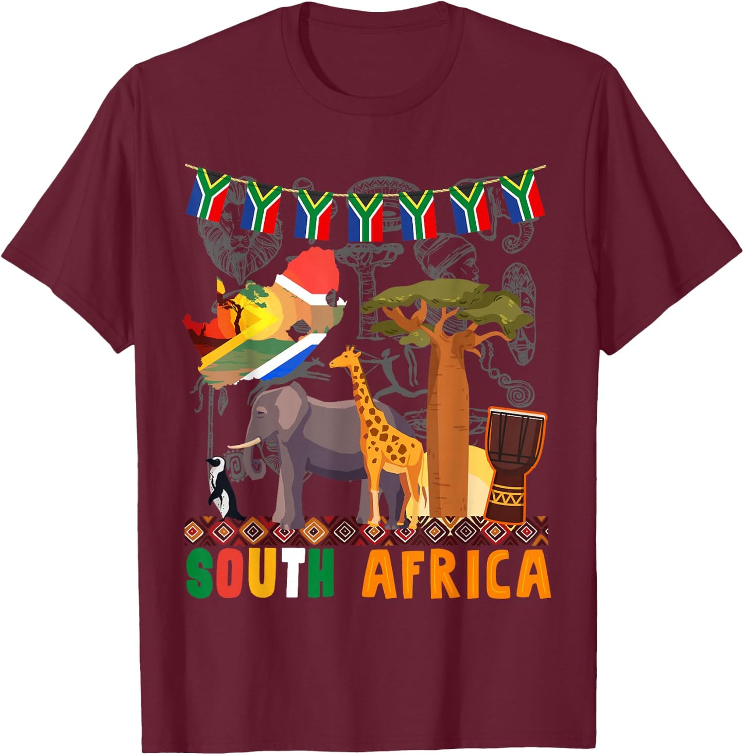 South Africa Ideas Kids With Elephant & South African Flag T-Shirt - T-Shirt | Maroon