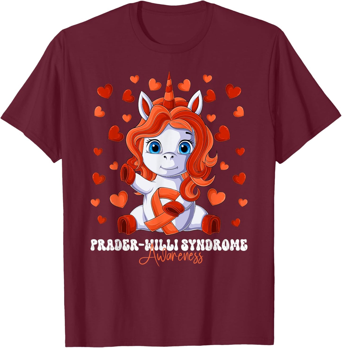 Prader-Willi Syndrome Awareness Month Orange Ribbon Unicorn T-Shirt - T-Shirt | Maroon