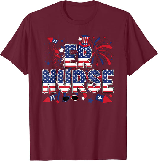 4th Of July Emergency Nurse American Flag ER Nurse T-Shirt - T-Shirt | Maroon