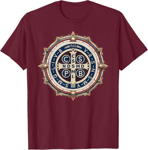 Catholic Saint Benedict Medal T-Shirt - T-Shirt | Maroon