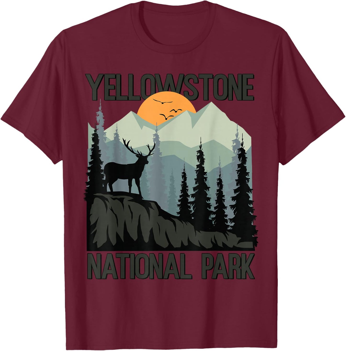 Yellowstone National Park Mountains Wilderness Sunset Hiking T-Shirt - T-Shirt | Maroon