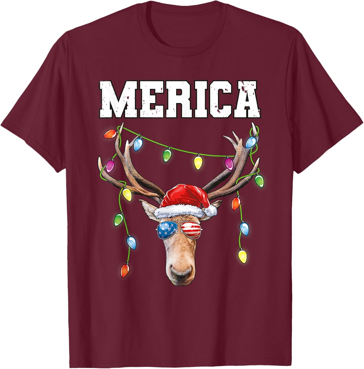 Merica Christmas Santa Buck Shirt USA Flag Patriotic T-Shirt - T-Shirt | Maroon