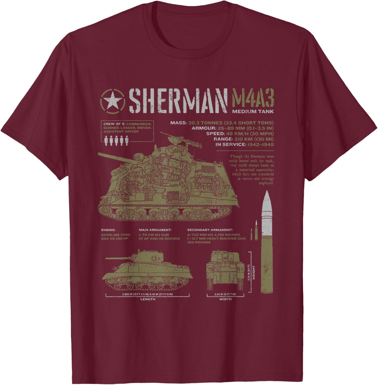 Sherman Tank World War 2 Blueprint T-Shirt - T-Shirt | Maroon
