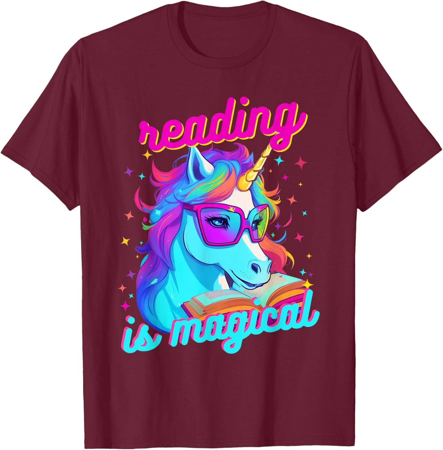 Psychedelic Cool Nerd Unicorn Reading is Magical Book Lover T-Shirt - T-Shirt | Maroon