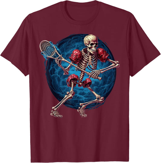 Lacrosse Sports Lover Halloween Lacrosse Player Skeleton T-Shirt - T-Shirt | Maroon