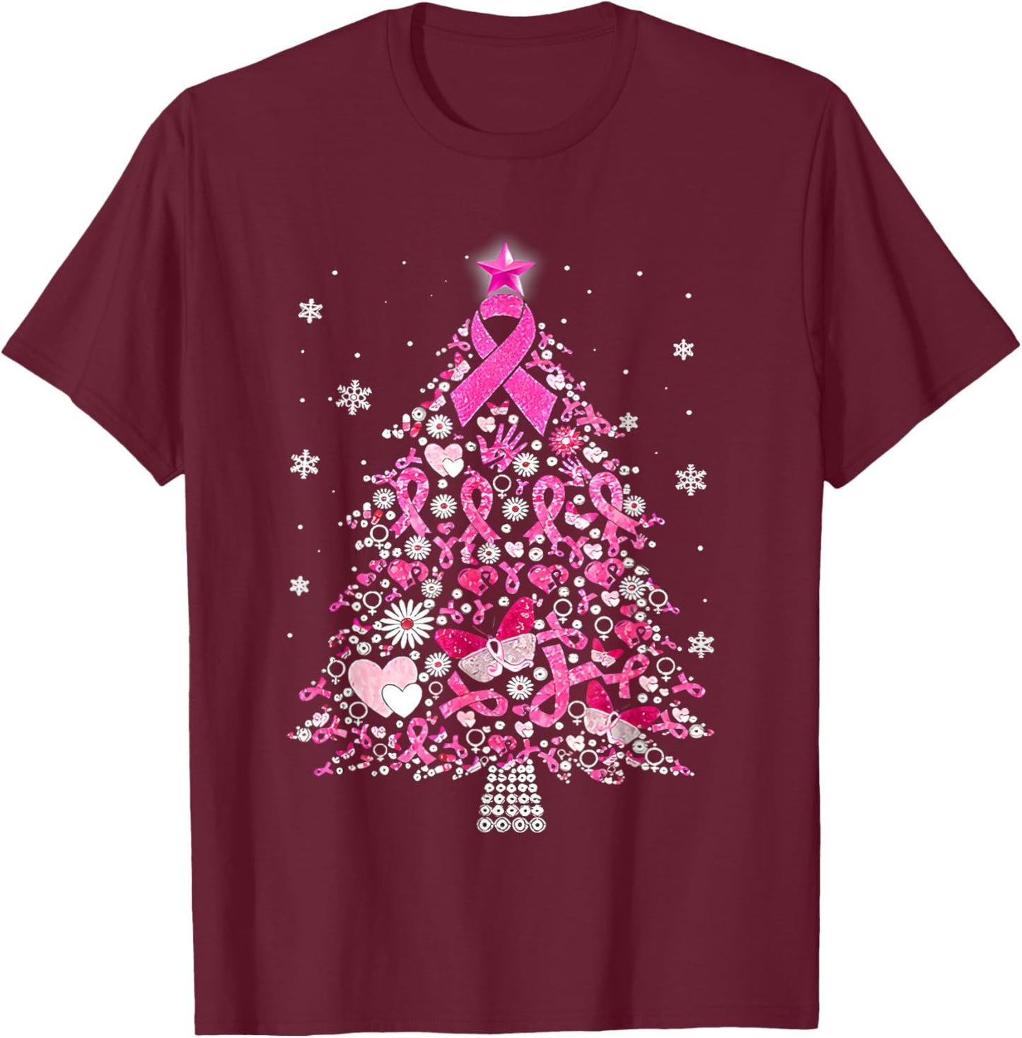 Breast Cancer Ornament Decoration Christmas Tree Snowflakes T-Shirt - T-Shirt | Maroon
