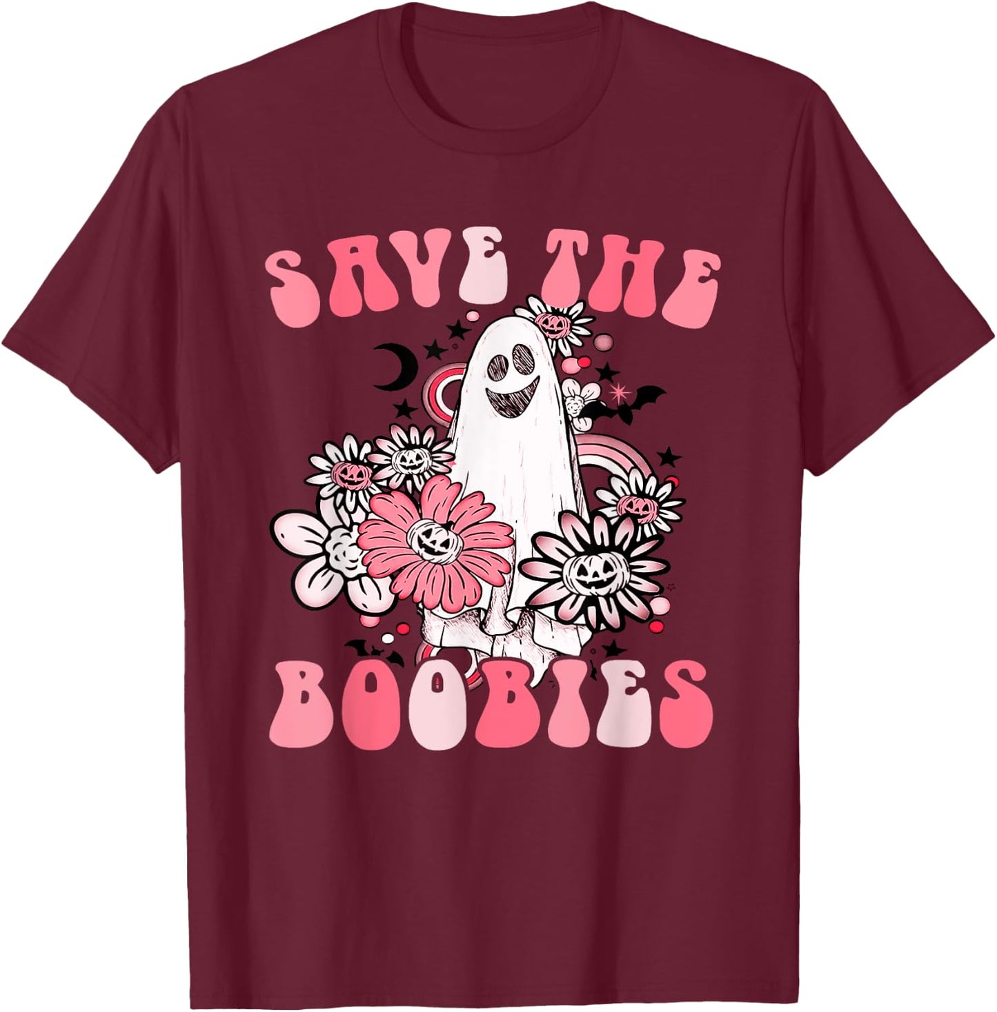 Boobees Breast Cancer Boho Groovy Ghost Save The Boo bees T-Shirt - T-Shirt | Maroon