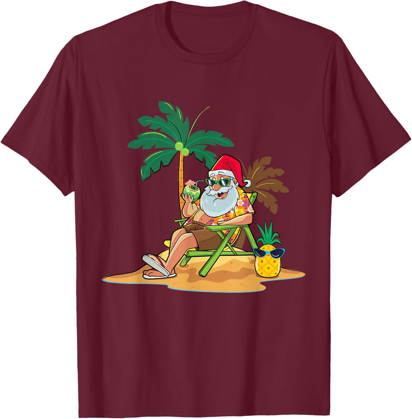 Hawaiian Christmas Santa Claus Party Aloha Holiday Beach T-Shirt - T-Shirt | Maroon
