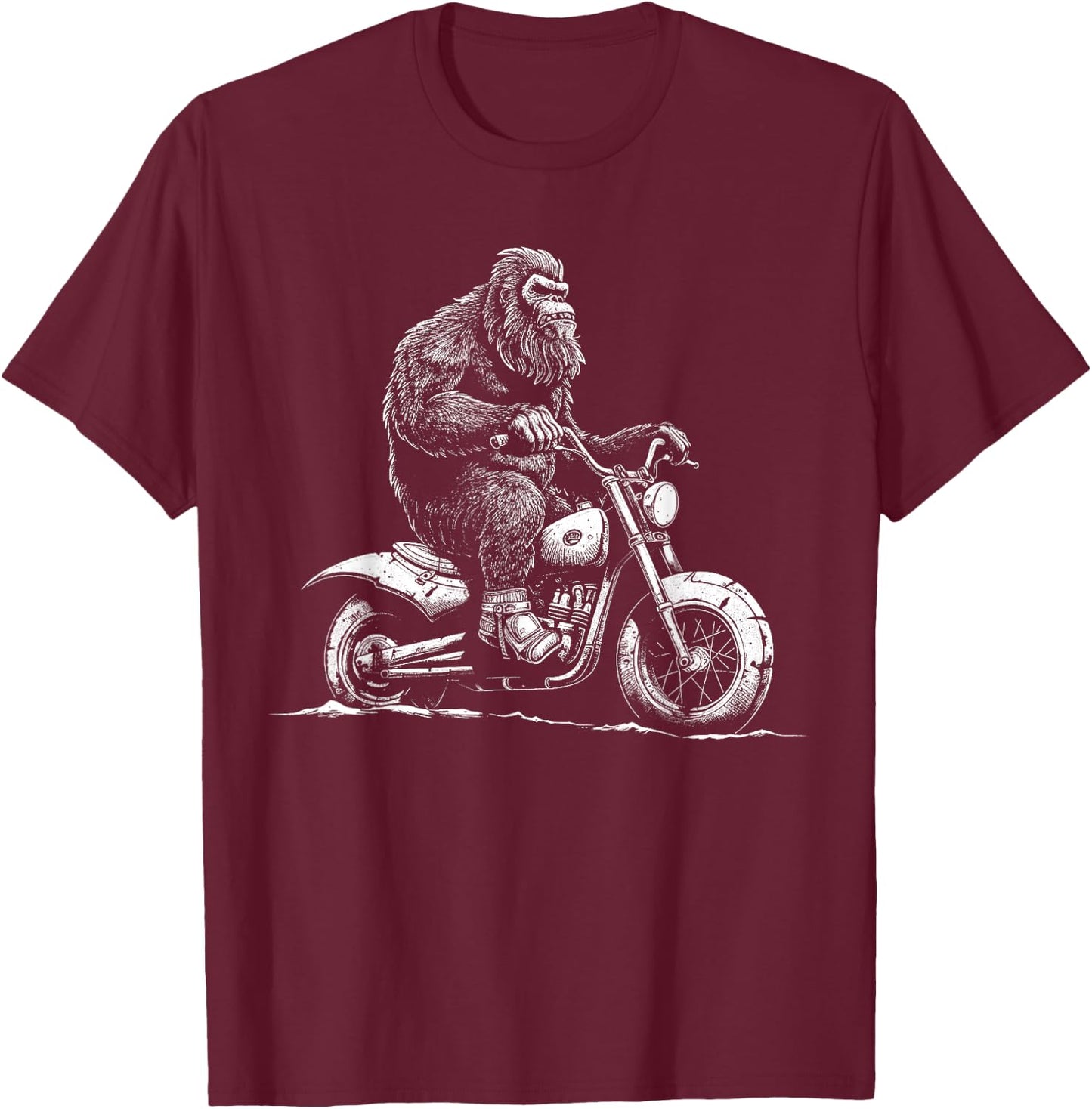 Bigfoot Riding A Motorcycle Bike Funny Sasquatch Men Women T-Shirt - T-Shirt | Maroon