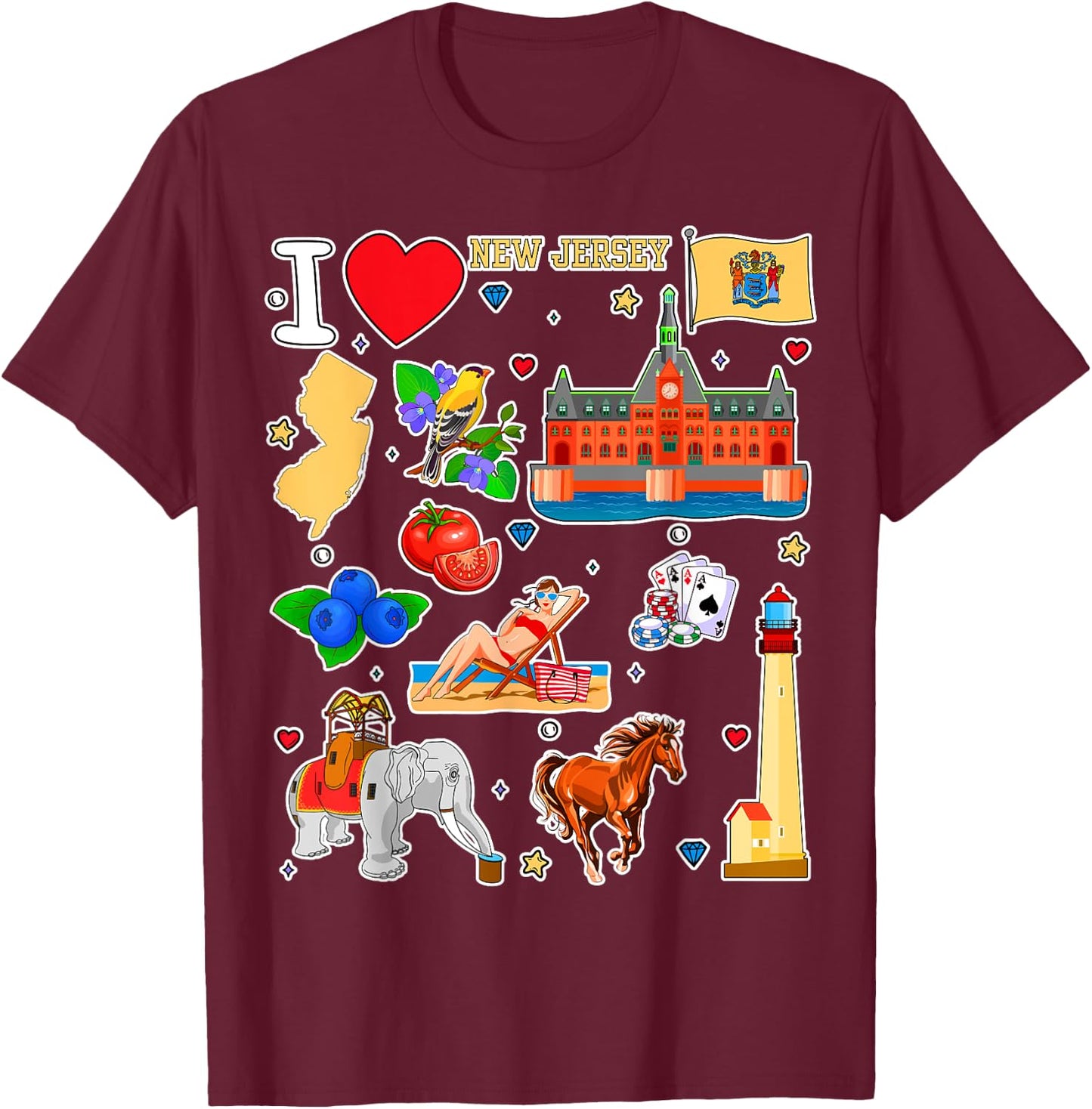 New Jersey map, hand drawn State Symbols and icons T-Shirt - T-Shirt | Maroon
