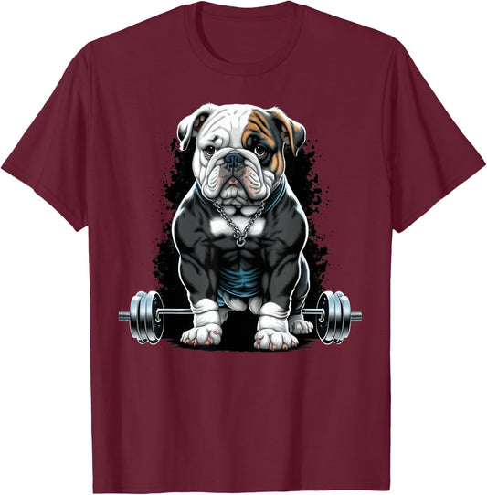 Bulldog Weightlifting Dog Funny Fitness Gym Bulldog T-Shirt - T-Shirt | Maroon