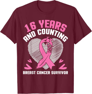 16 Years Fighting We Win And Counting Breast Cancer Survivor T-Shirt - T-Shirt | Maroon
