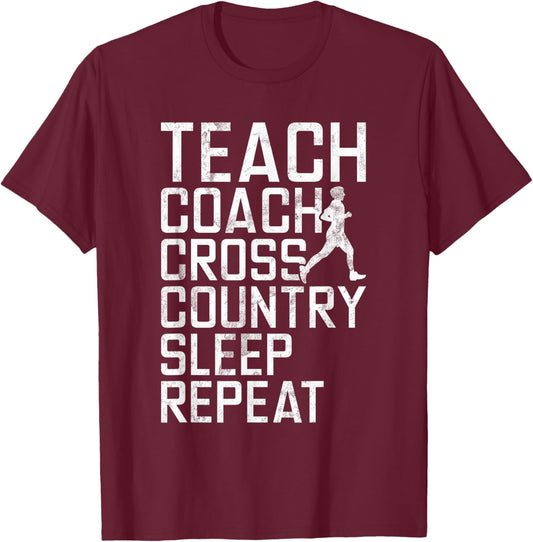 Teach Coach Cross Country Sleep Repeat Gifts XC Running Men T-Shirt - T-Shirt | Maroon