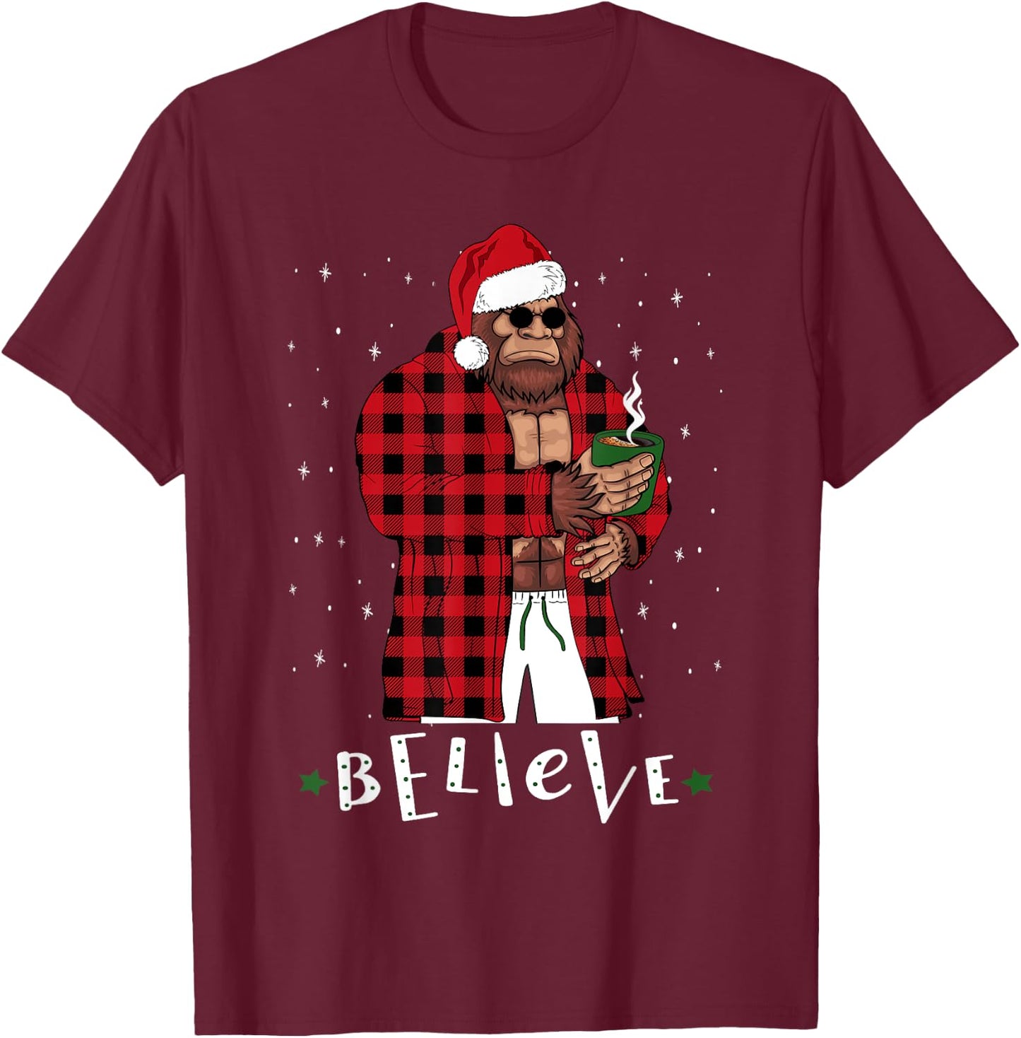 Bigfoot Christmas Buffalo Plaid Sasquatch Coffee Drinker T-Shirt - T-Shirt | Maroon