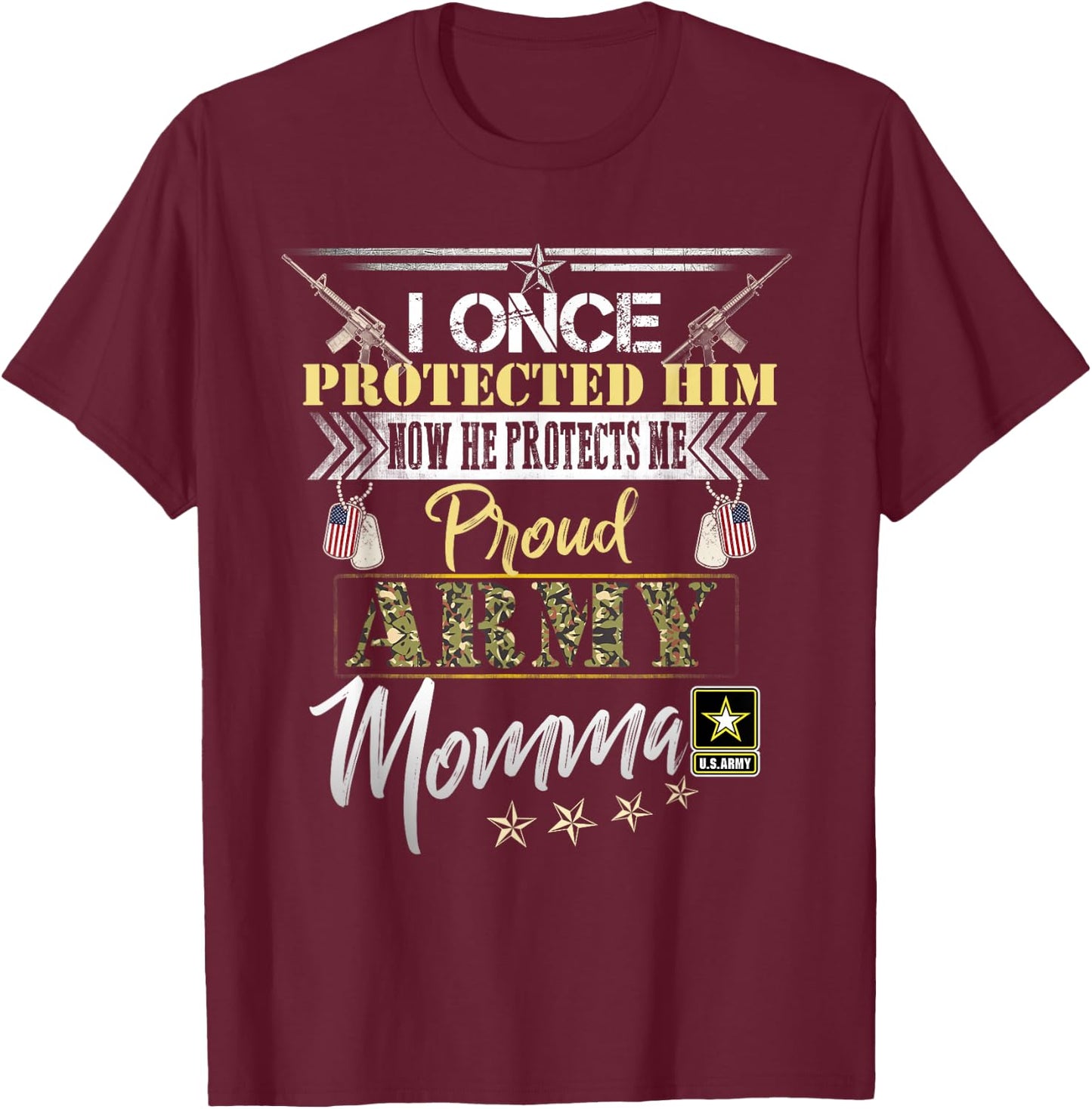 I Once Protected Him Now He Protects Me Proud Army Momma T-Shirt - T-Shirt | Maroon