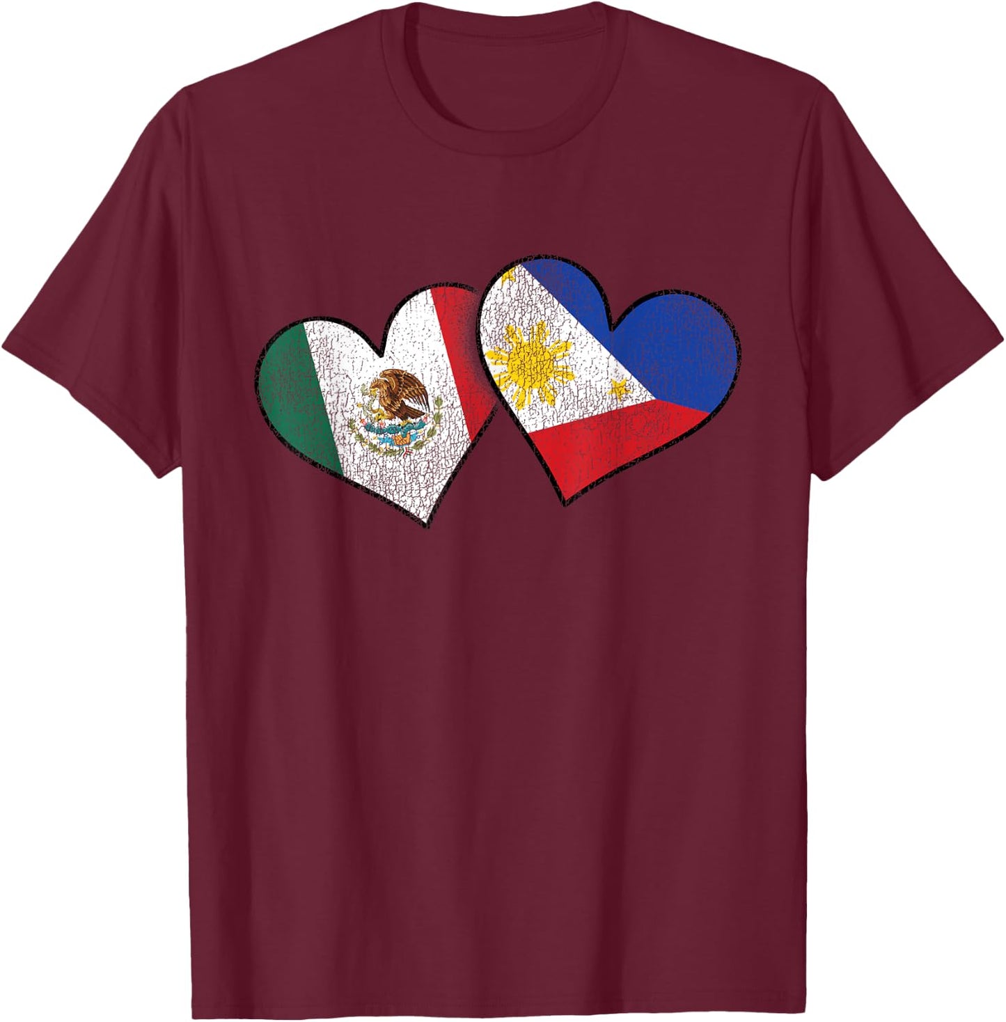 Mexican Filipino Love Mexico Philippines Flag Hearts T-Shirt - T-Shirt | Maroon