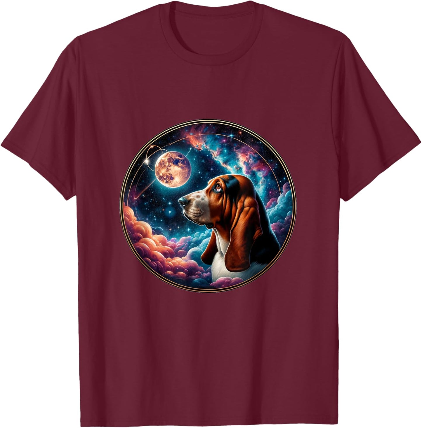 Basset Hound Dog In Nebula Space Stars And Moon Galaxy T-Shirt - T-Shirt | Maroon