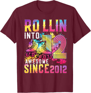 Roller Skating 12th Birthday Rollin Into 12 Awesome 2012 T-Shirt - T-Shirt | Maroon